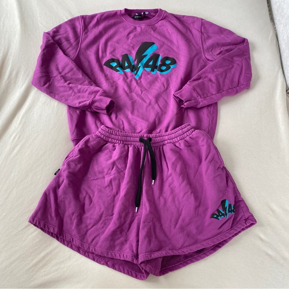 P448 Purple Crewneck Sweatshirt and Shorts Set with Teal Logo